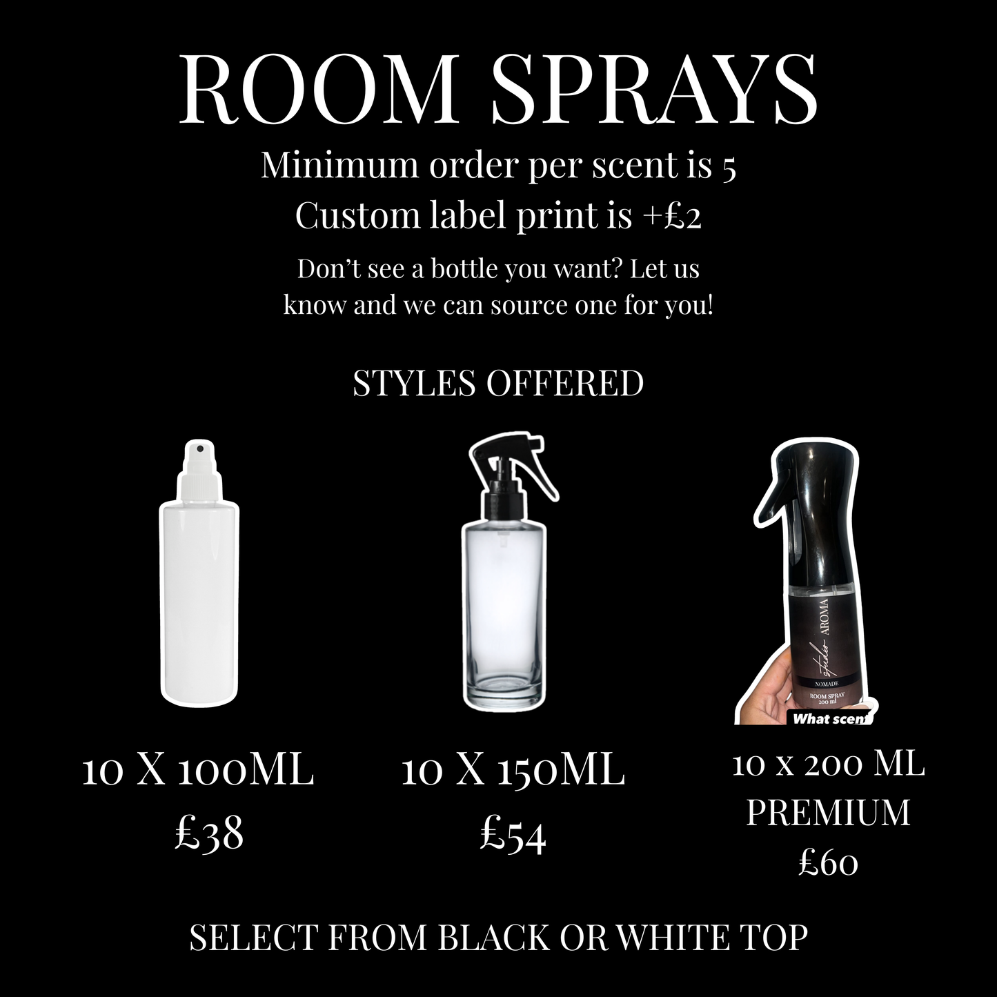 10 X ROOM SPRAYS (PLEASE DM US WITH ORDER NUMBER YOUR FRAGRANCE CHOICE)